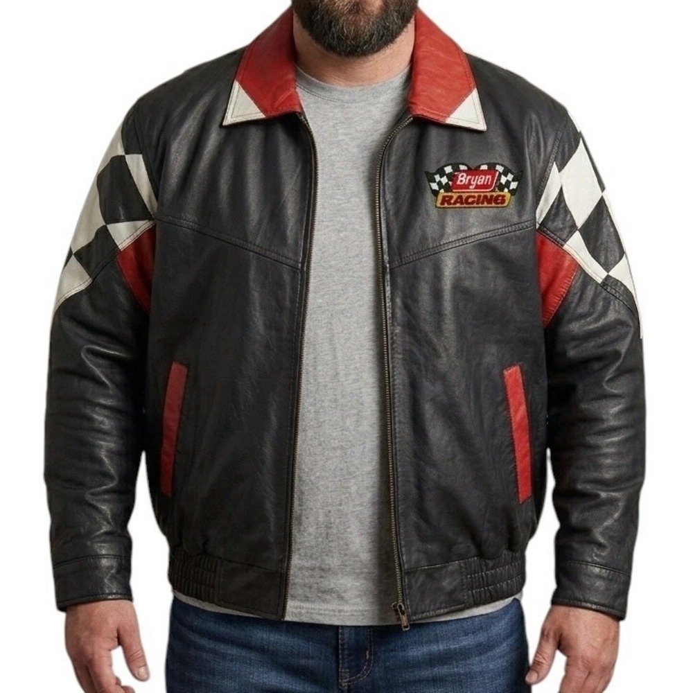 BRYAN RACING Leather Jacket sz XL Burk's Bay Black Checker Red Trim Motorsports